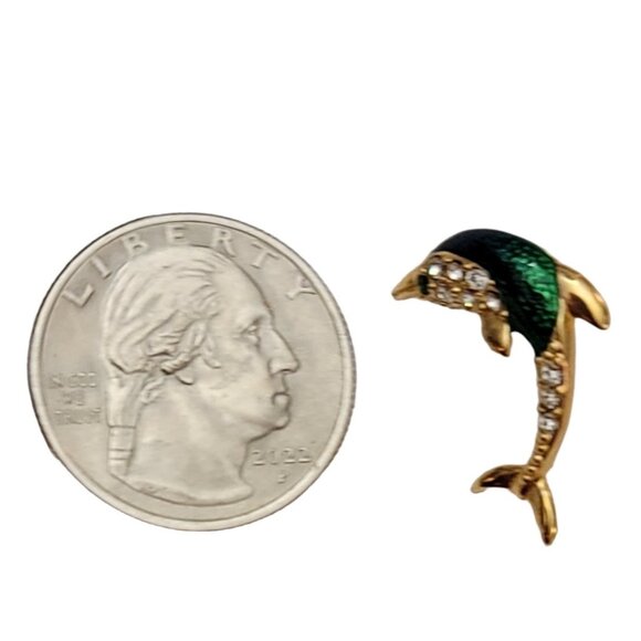 Krementz Gold Tone Green Enamel Clear Rhinestone Dolphin Lapel Scatter Pin, K134 - Picture 5 of 7